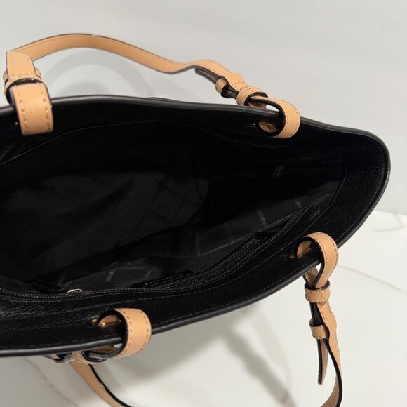 Michael Kors Bedford Medium Pebbled Leather Pocket Tote Handbag Black Tan Straps - Picture 11 of 12